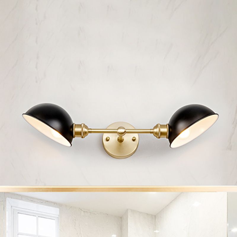 Metallic Dual Dome Vanity Light Fixture Vintage 2 Bulbs Bathroom Wall Mount Lamp in Black/Brass