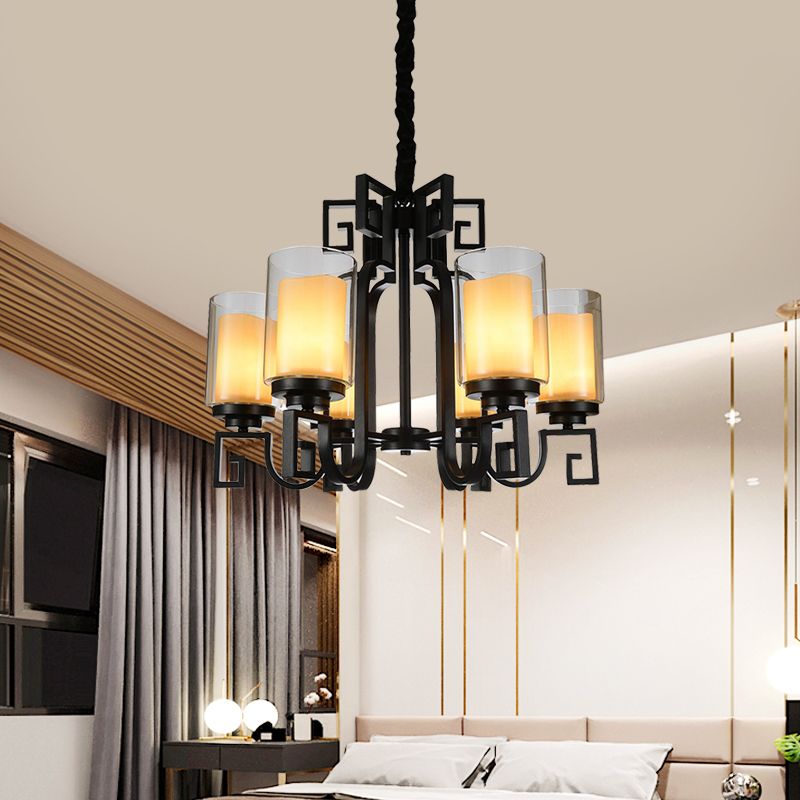 Lampada del lampadario cilindri rurali 6 luci a soffitto in vetro trasparente in nero con braccio attorcigliato