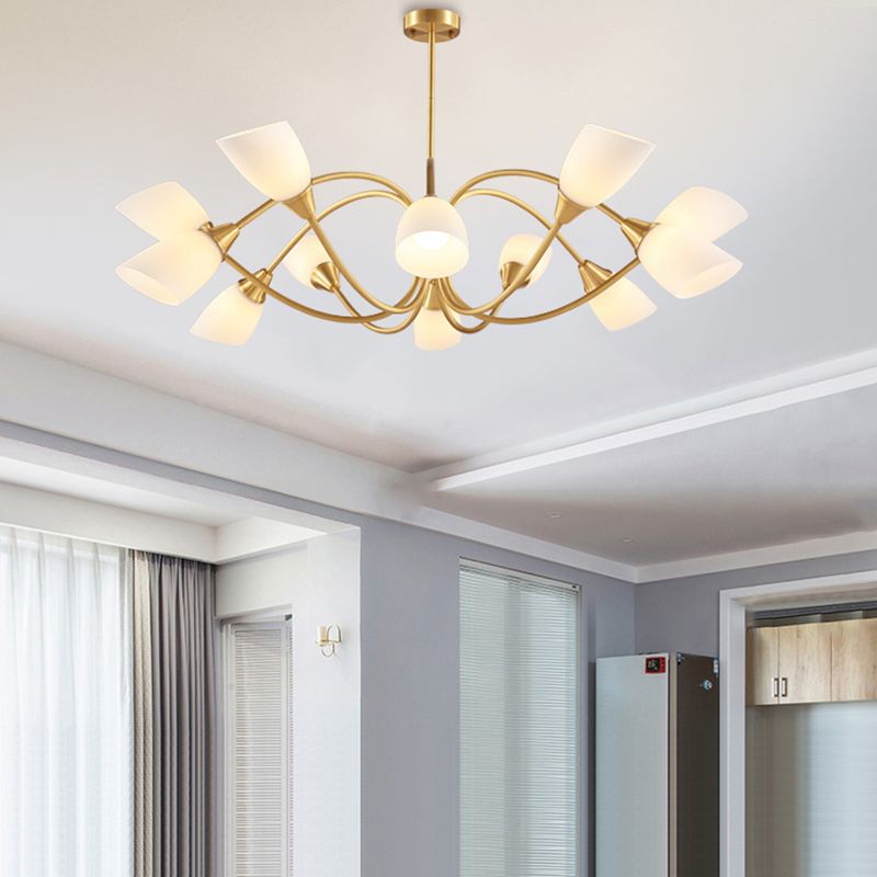 Multi-Head Chandelier Lamp Traditional Style White Glass Shade Bell Light Fixtures