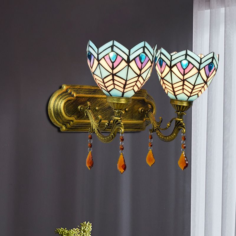 Ridged Bell Stained Glass Wall Lighting Mediterranean 2-Light Brass Vanity Light Fixture