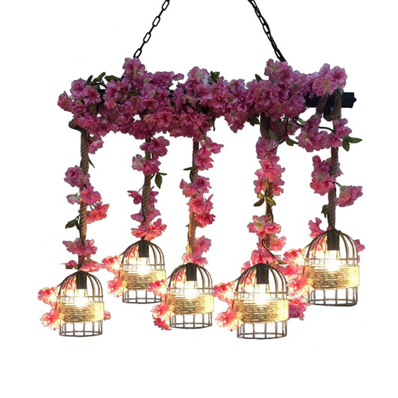 Metal Black Island Pendant Light Cage 5 Bulbs Industrial Flower Hanging Lamp Kit for Restaurant