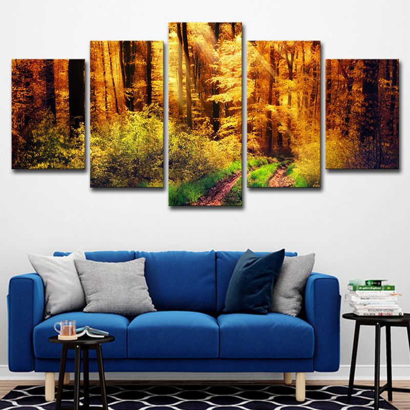 Tree Wall Art Modern Nostalgic Forest Landscape Canvas Print in Yellow and Green