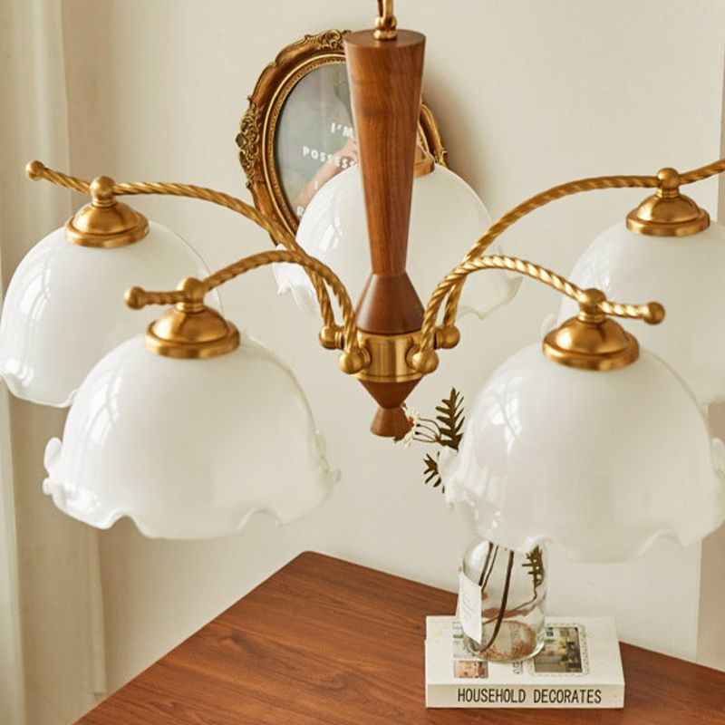 Nordic Chandelier Wooden Dining Room Suspension Light with Glass Shade