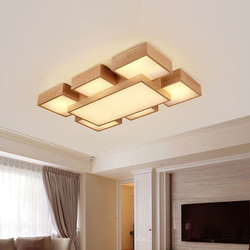 Beige vierkant/rechthoekblokspoellicht modern 22 "/31,5"/42 "brede LED houten plafond gemonteerde lamp