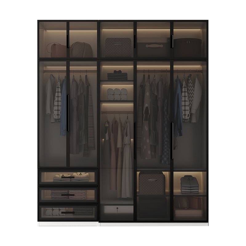 Brown Glass Door Wardrobe for Home Contemporary Hinged Door Storage Cabinet
