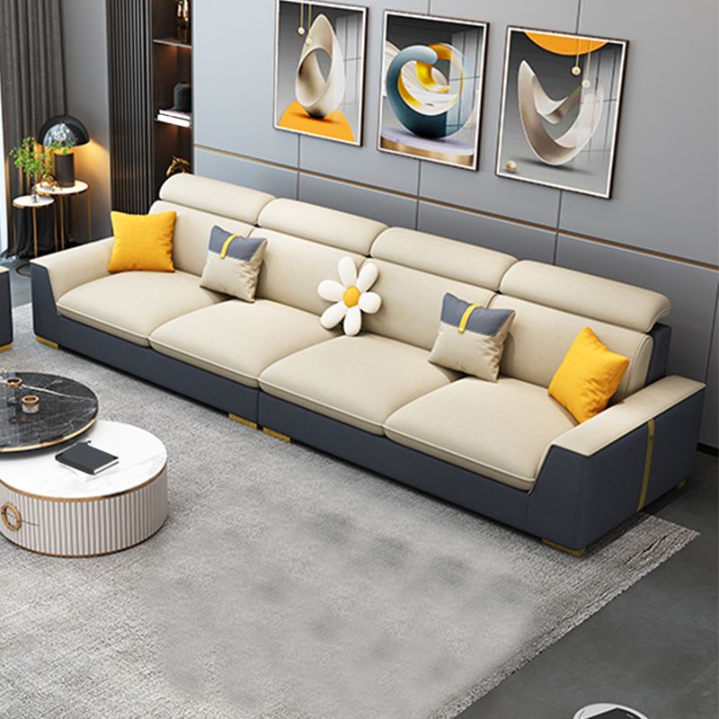 Nordic Grey and Beige Sofa Faux Leather Square Sewn Pillow Back Sofa