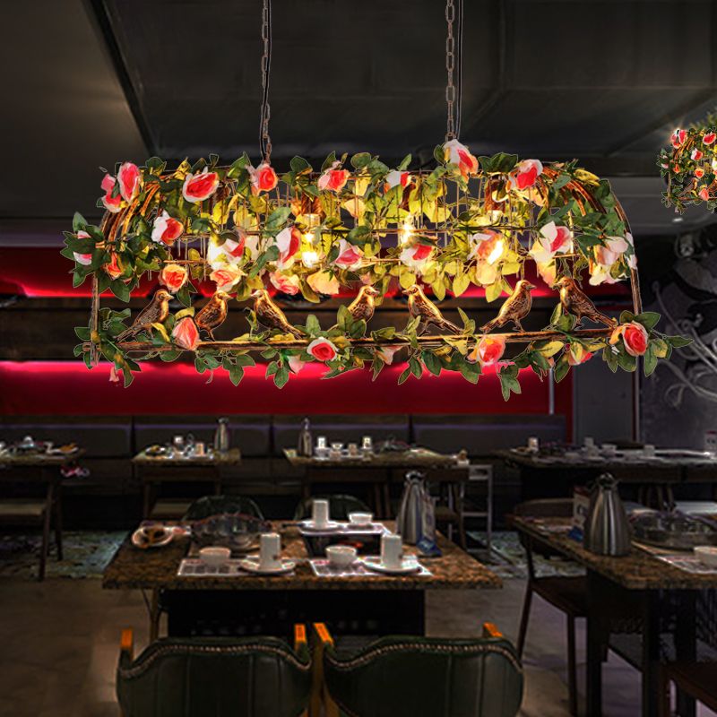 Green-Pink 4 Bulbs Island Lamp Loft Style Iron Birdcage Pendant Light with Artificial Flower and Plant