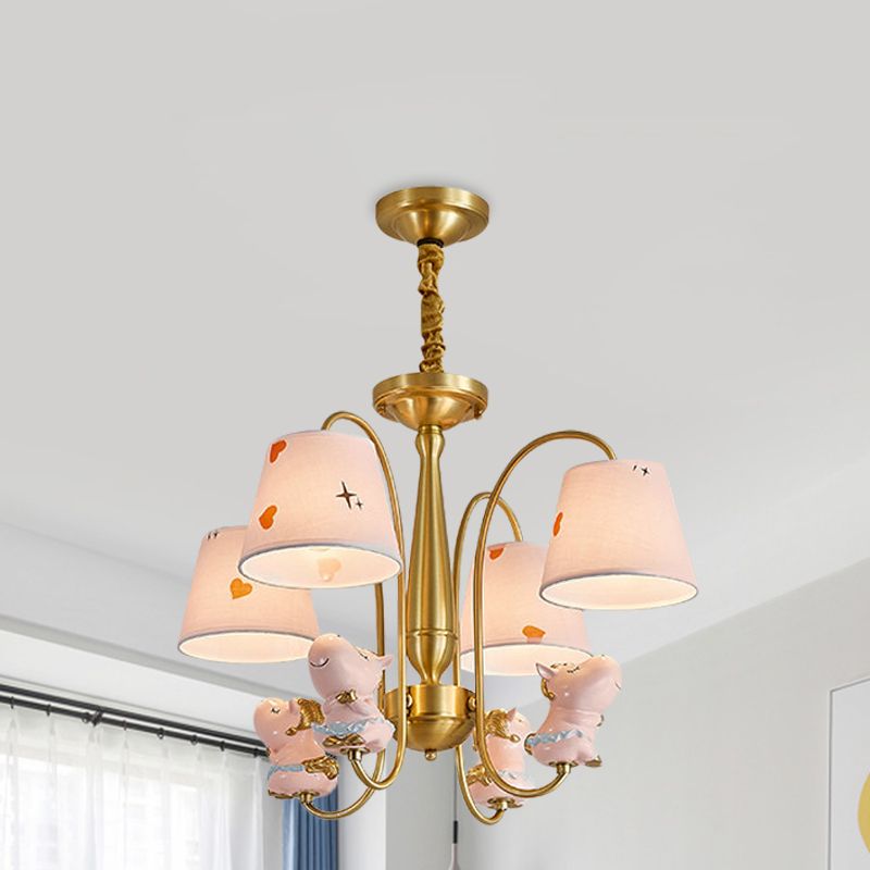 Barrel Fabric Shade Ceiling Chandelier Cartoon 4 Heads Pink Horse Hanging Light with Curved Brass Arm