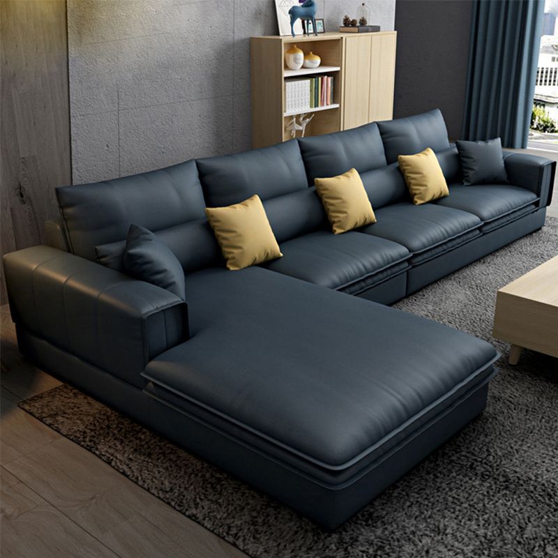 Contemporary Faux Leather Living Room Recessed Arm Pillows Sofa Chaise
