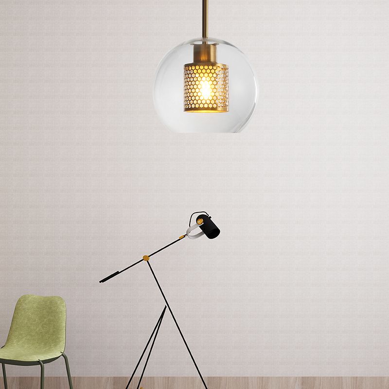 Simple Orb Shade Pendant Light with Cylinder Mesh Screen 1 Light Glass Hanging Lamp for Hallway