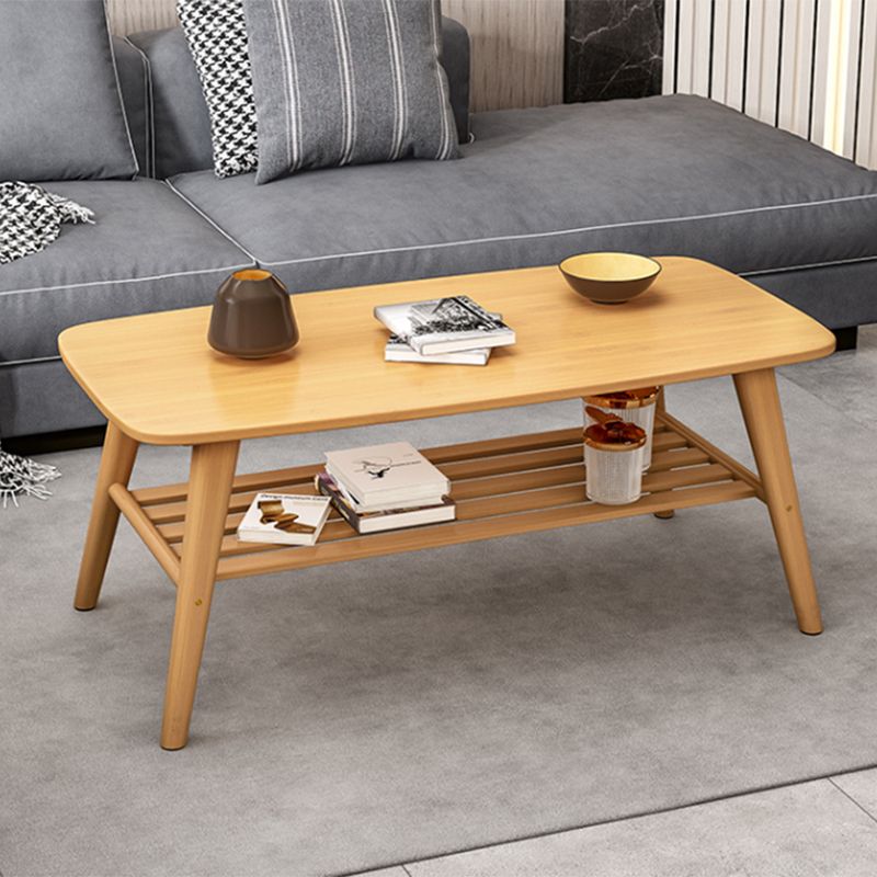 Nordic Style Rectangular Solid Wood 4 Legs Base with Storage Rack Coffee Table