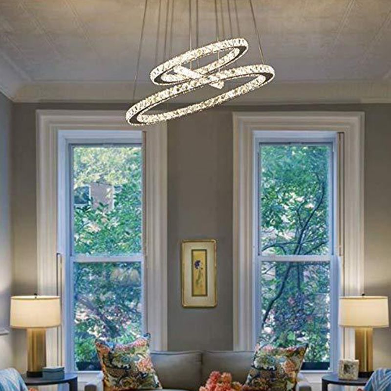 Faceted Crystal Circle LED Pendant Lighting Simplicity Stainless Steel Chandelier for Dining Room