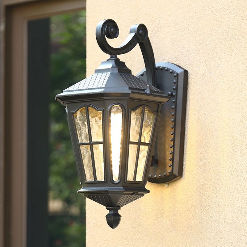 Vintage Lantern Shaped Wall Light Fixture Single-Bulb Ripple Glass Wall Mounted Lamp for Yard