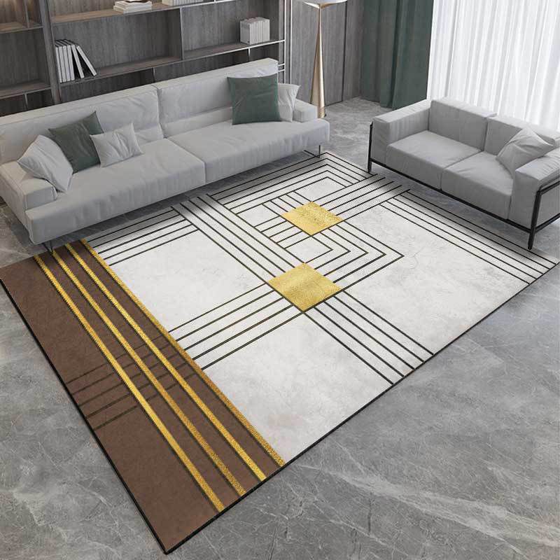 Grey and Brown Modern Rug Polyester Striped Pattern Rug Washable Non-Slip Backing Carpet for Living Room