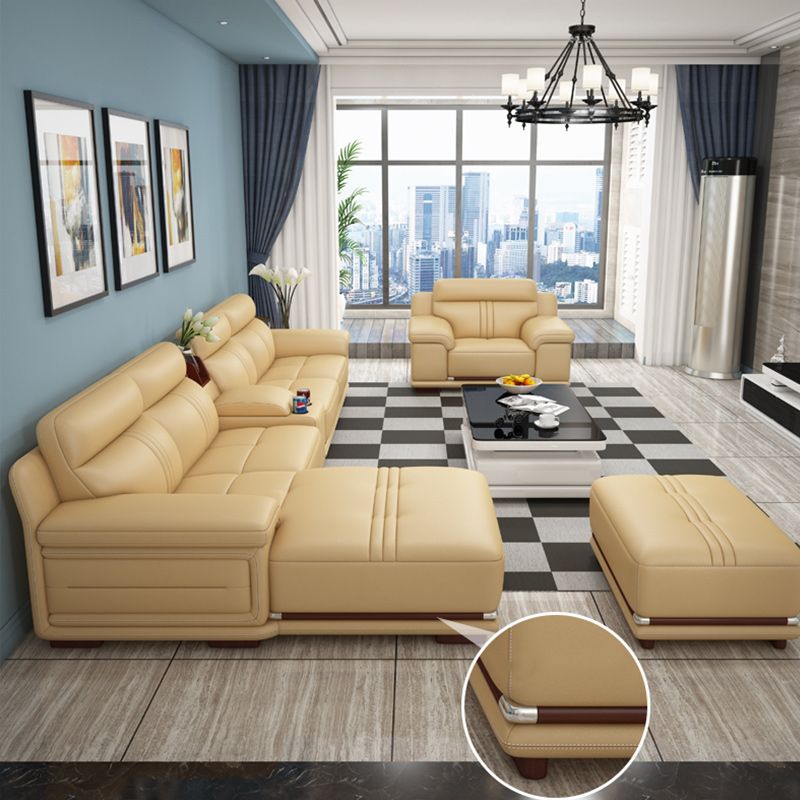 Genuine Leather Sectional Sofa Beige Pillow Top Arm Sofa with Cushion Back