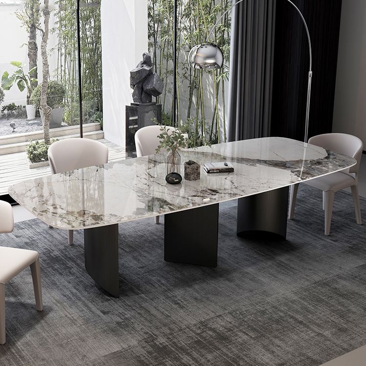 Modern Sintered Stone Table Set of 3/5 with Rectangle Table Dining Set with Black 3 Legs