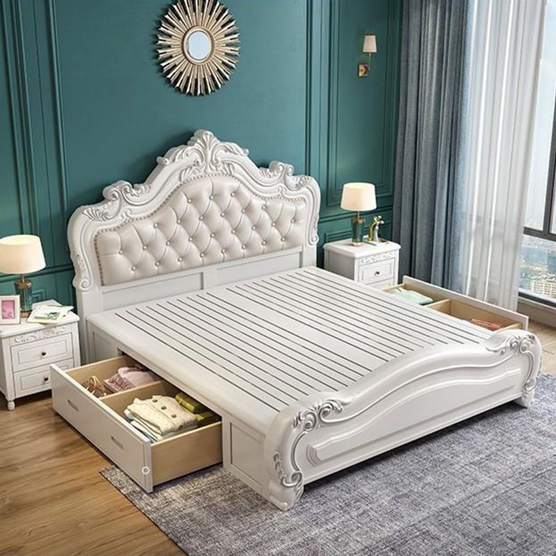 84.65 inch Wide Victorian Bed Frame Pine Wood Standard Bed with Upholstered Headboard