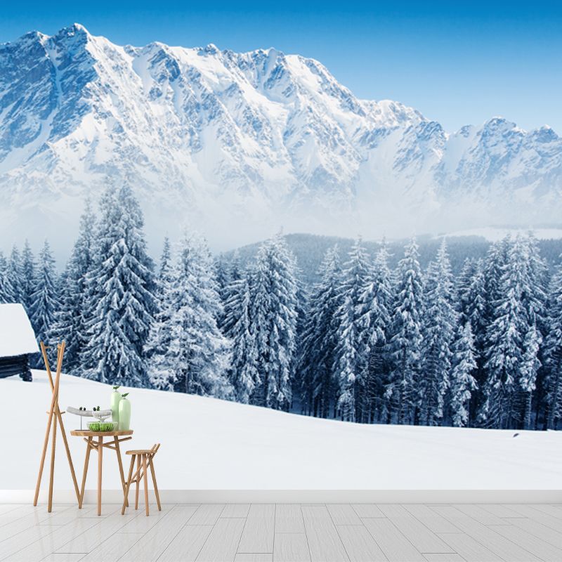 Lonely Forester Cabin Mural Wallpaper for Home Snowy Mountain Landscape Wall Covering, Custom Made