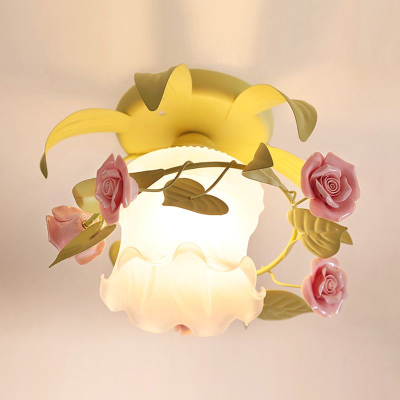 Single Flounce-Trim Semi Mount Lighting Korean Flower White/Green Frosted Glass Close to Ceiling Lamp