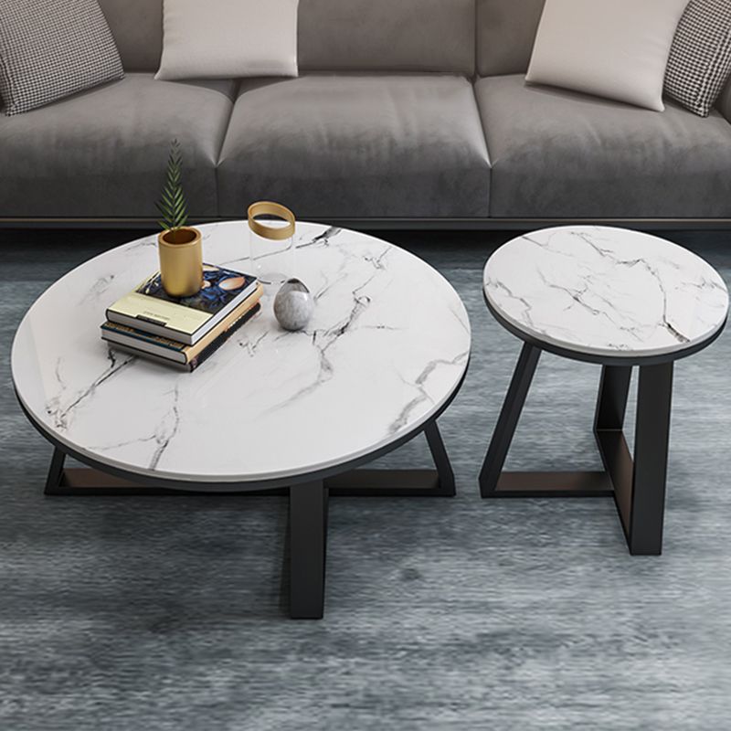 15.7"Tall Cross Legs Black / White Round Slate Top Coffee Table