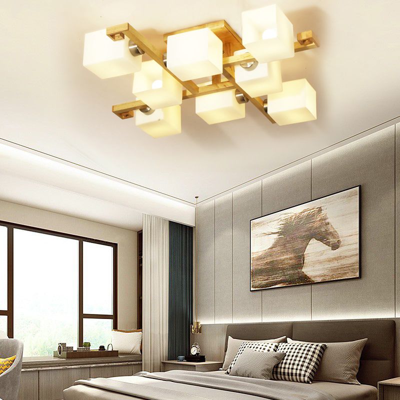 Cube Shade Living Room Ceiling Lamp Opal Glass & Wood Modern LED Flush Ceiling Light in Beige