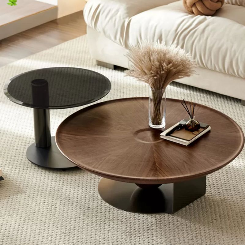 Modern Style Wood Table with Round Black Metal Abstract Base Coffee Table