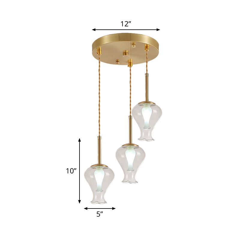 Vase en verre transparent Light modernisme 3 lumières Pendant multicolores en laiton sur salle à manger