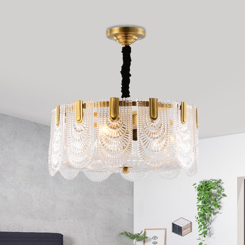 Textured Glass Layered Hanging Ceiling Light Modernism 3/8 Lights Chandelier Light in Brass