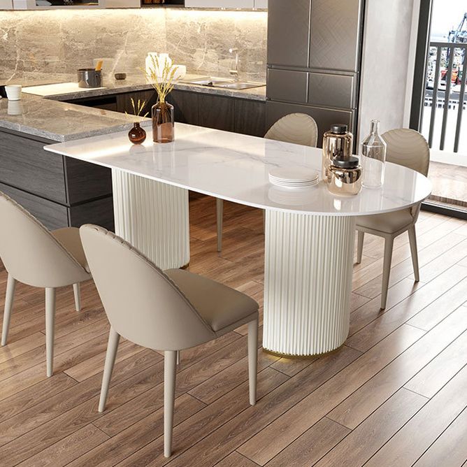 Sintered Stone White Dining Table Simplicity Double Pedestal Table for Dining Room