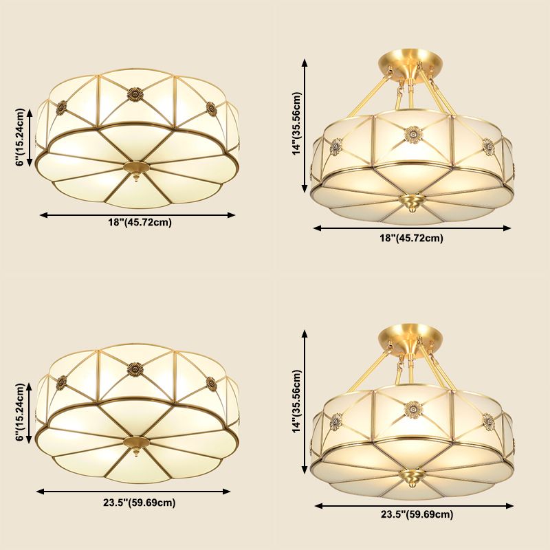 Gold Copper Ceiling Light Fixtures Traditional Drum Ceiling Mounted Lamp with Glass Shade