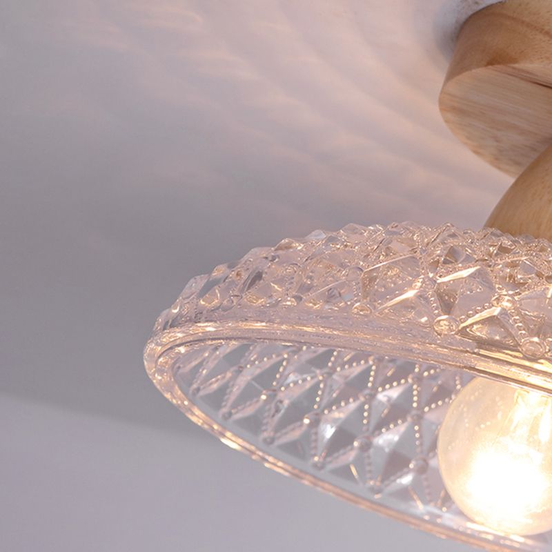 Simple 1-Light Ceiling Light Wooden Ceiling Mount Light with Glass Shade for Living Room