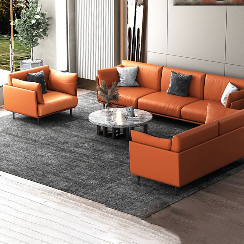 Faux Leather Orange Sofa Pillow Top Arm Sofa with Metal Legs