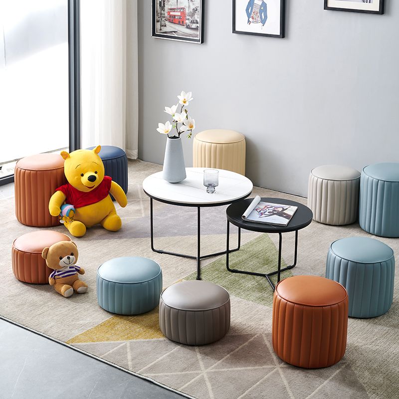 Modern Round Ottoman Pouf Genuine Leather Solid Water Resistant Ottoman for Children