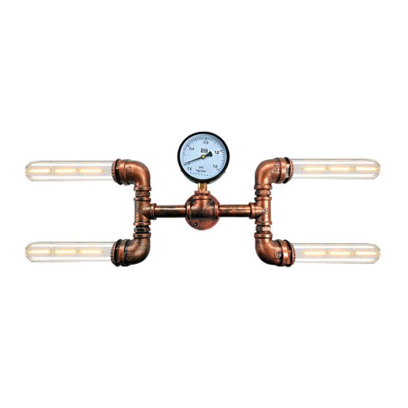 Bare Bulb Dining Room Wall Light Sconce with Gauge Deco Rustic Style Iron 4 Lights Copper Wall Mount Lamp