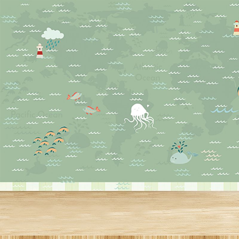 Large Nautical Mural Cartoon Imaginative Sea Life in the Sky Wall Covering in Soft Color