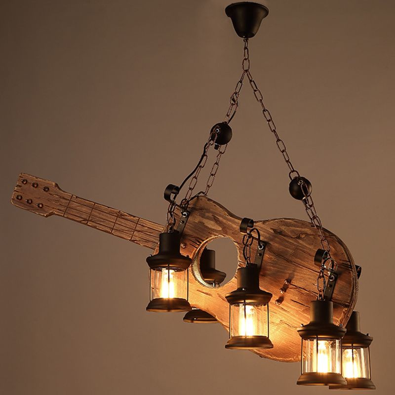 4 Light Wood Guitar Pendant Light Art Deco Industrial Black Metal Hanging Lamp