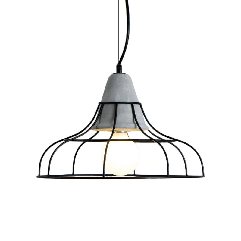 Industrial Cylinder/Dome/Arc Cage Pendant 1 Bulb Iron Hanging Light Kit in Black with Cement Cap