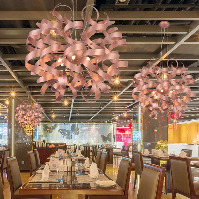 Metal Spiral Ribbon Shape Hanging Light Kit Contemporary 6-Bulb Copper Finish LED Chandelier Lighting for Restaurant