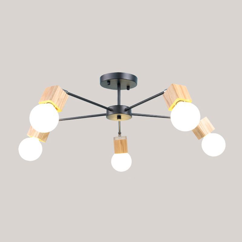 3/5-Light Ceiling Lamp Loft Industrial Open Bulb Metal Semi Flush Light in Wood for Bedroom