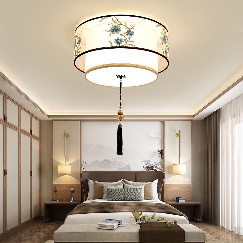 Wrought Iron White Ceiling Light in Traditional Unique Style Geometric Indoor Flush Mount with Embroidered Fabric Shade