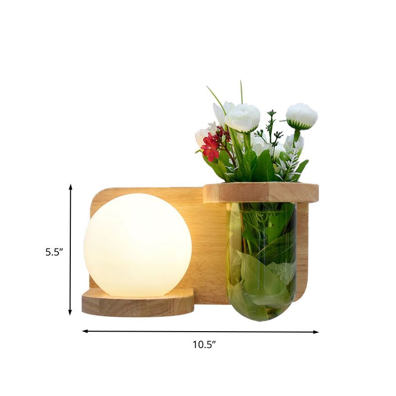 Milky Glass Orb Sconce Light Industrial 1 Head Bedroom LED Wall Lighting in Wood, Left/Right