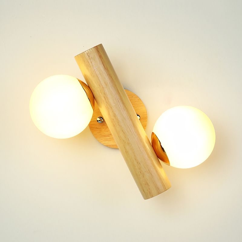 Iluminación de pared de madera de 2 luces lámpara de pared de globo moderna con sombra de vidrio
