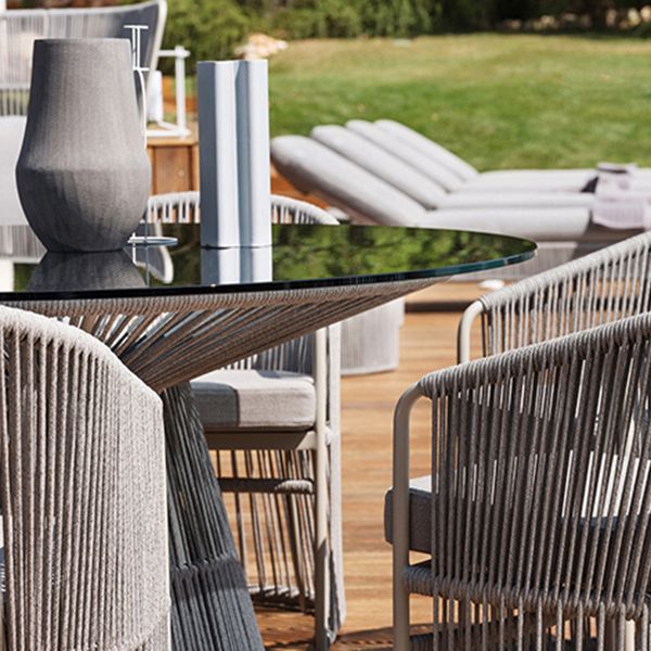 Industrial Glass Dining Table Round Outdoor Table with Pedestal Base