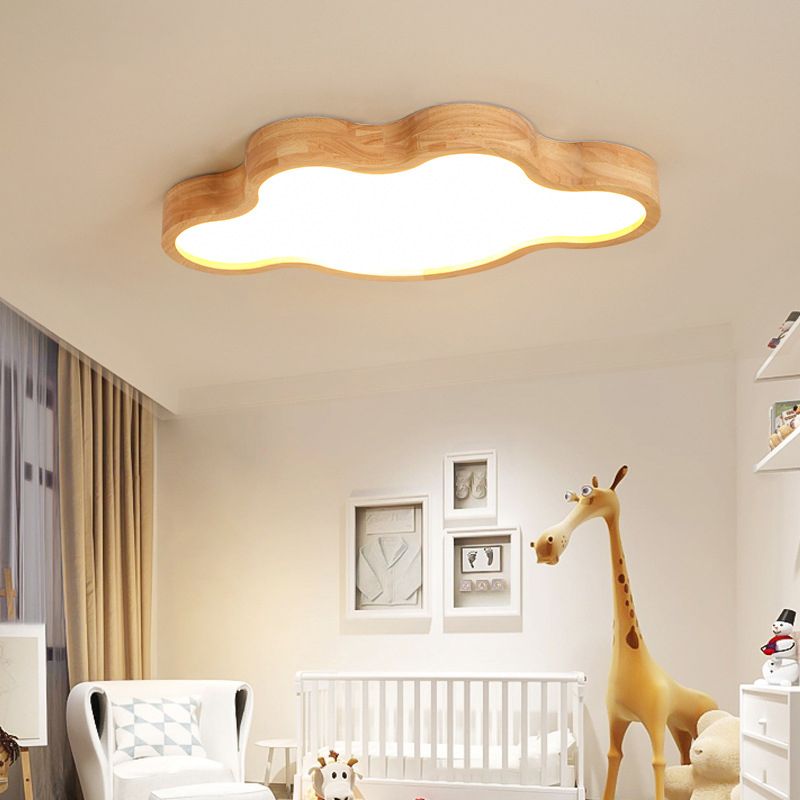 Modern Style Cloud Flush Mount Light Fixture Wooden LED Bedroom Flush Ceiling Light Fixture in Wood