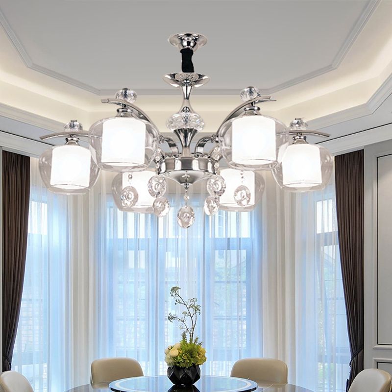Clear Glass Global Down Lighting Simple 6-Light Chrome Chandelier Lamp with Crystal Strands Deco