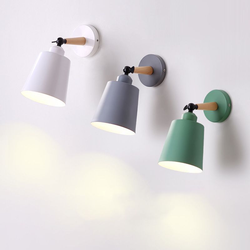Nordic Macaroon Style Sconce Lights Conical Metal Shade Single Bulb Wooden Wall Mount Lamp for Bedroom