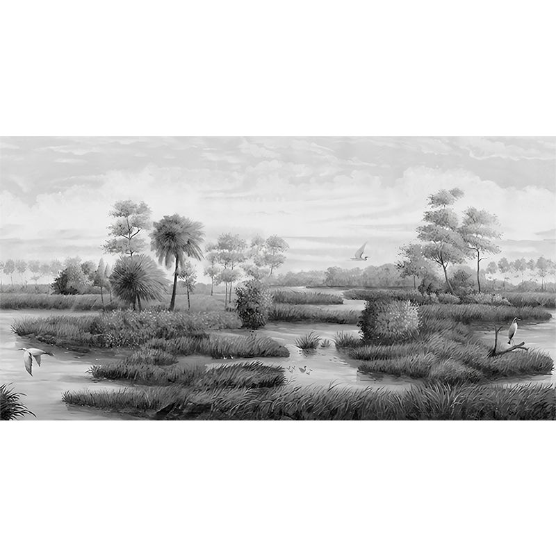 Custom Photography Tropical Wall Murals with River Islets Scenery Pattern in Grey