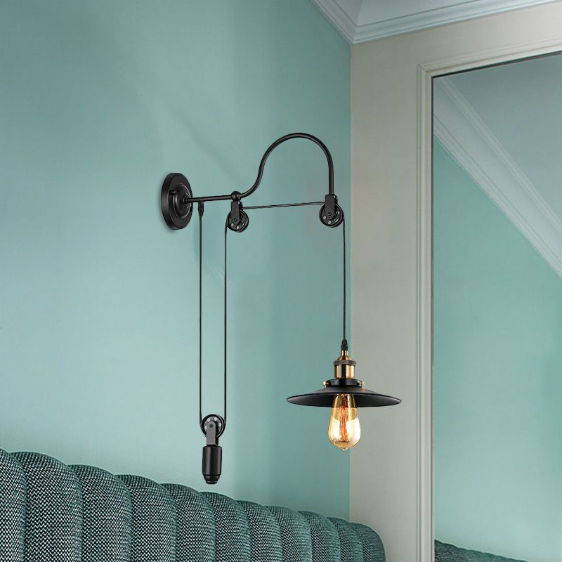 1 Bulb Flat Wall Mounted Lamp Industrial Style Black Metallic Adjustable Wall Lighting Fixture with Pulley Design
