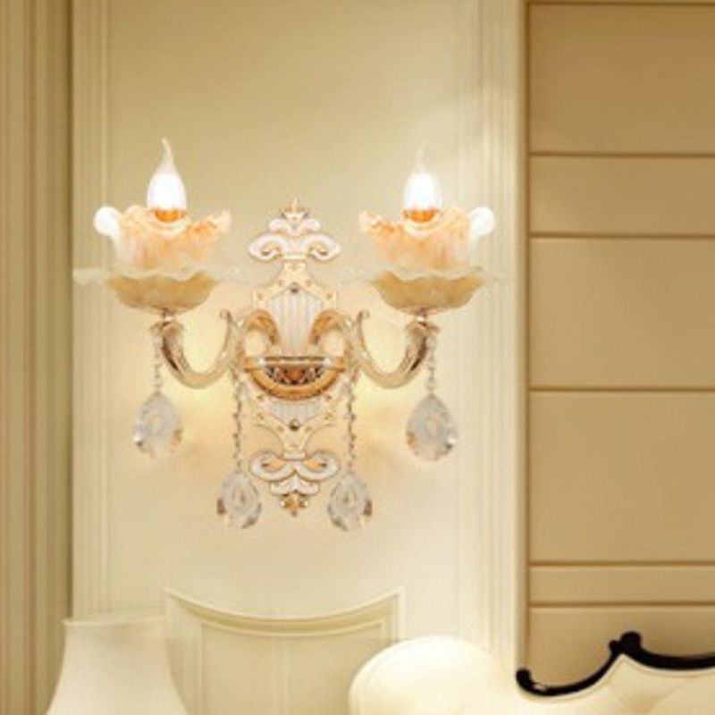 Beige Candle Wall Sconce Light Classic Faux Jade Glass Bedroom Wall Lighting Fixture