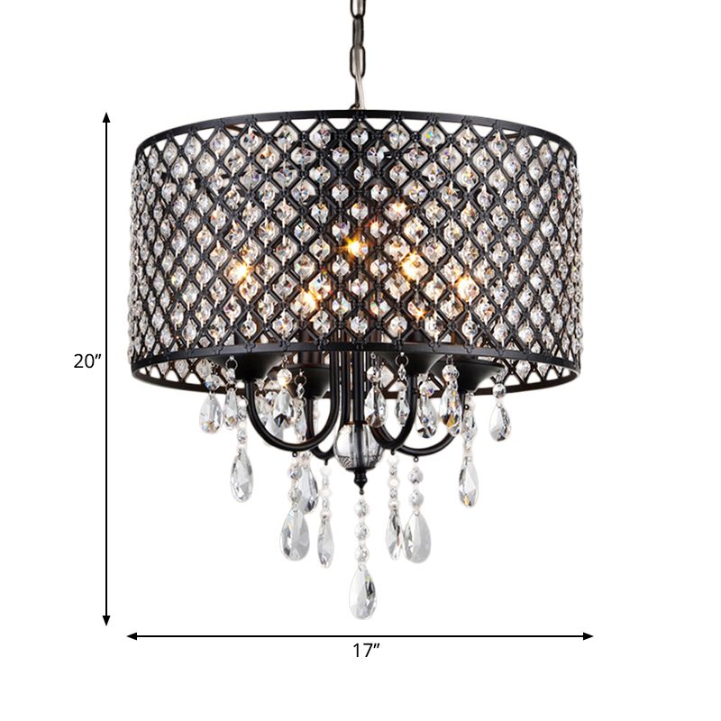 Lampe de lustre noir / chromé de style vintage avec ombre à tambour 4 lumières fer et cristal Lumière suspendue